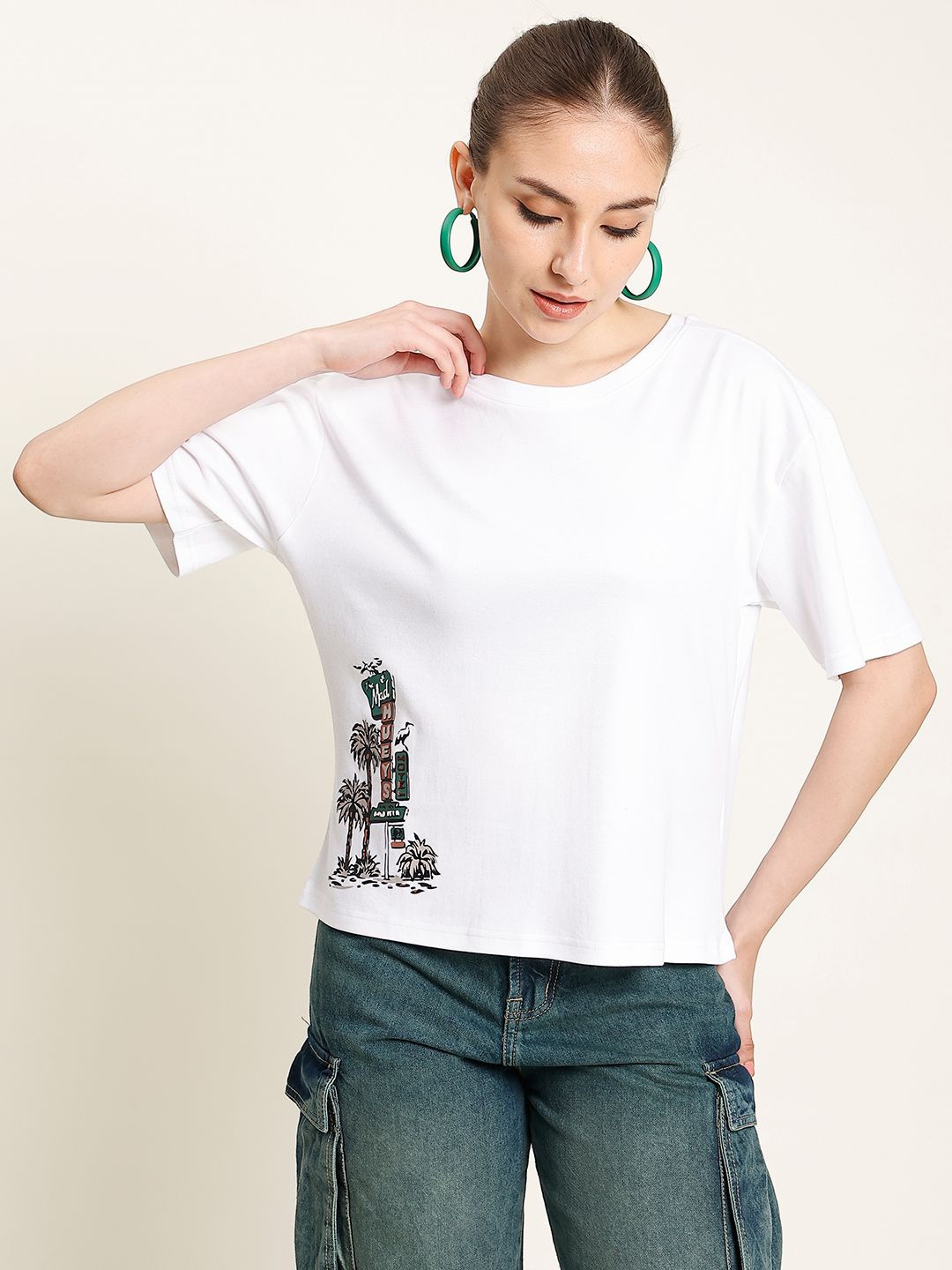 

Bene Kleed Women Graphic Printed Round Neck Cotton Boxy T-Shirt, White