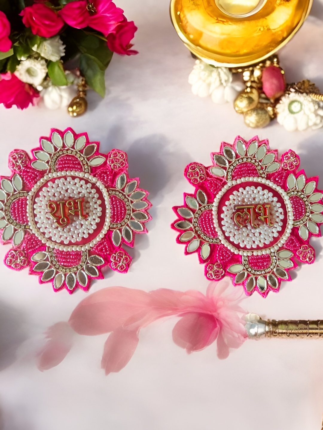 

PLAYFUL STITCHES Pink & White Subh Labh Festive Decor