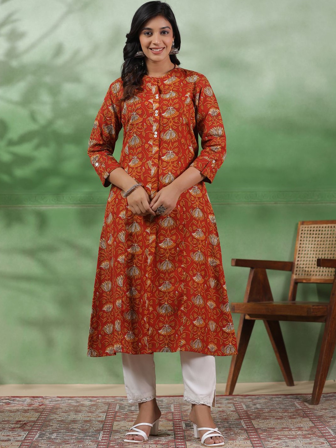 

Sangria Floral Printed Mandarin Collar Pure Cotton A-Line Kurta, Rust