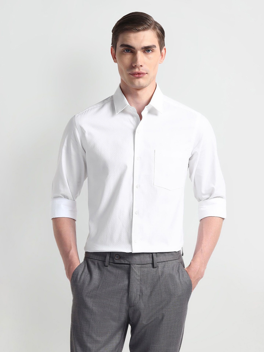 

Arrow Men Comfort Cutaway Collar Solid Cotton Slim Fit Formal Shirt, White