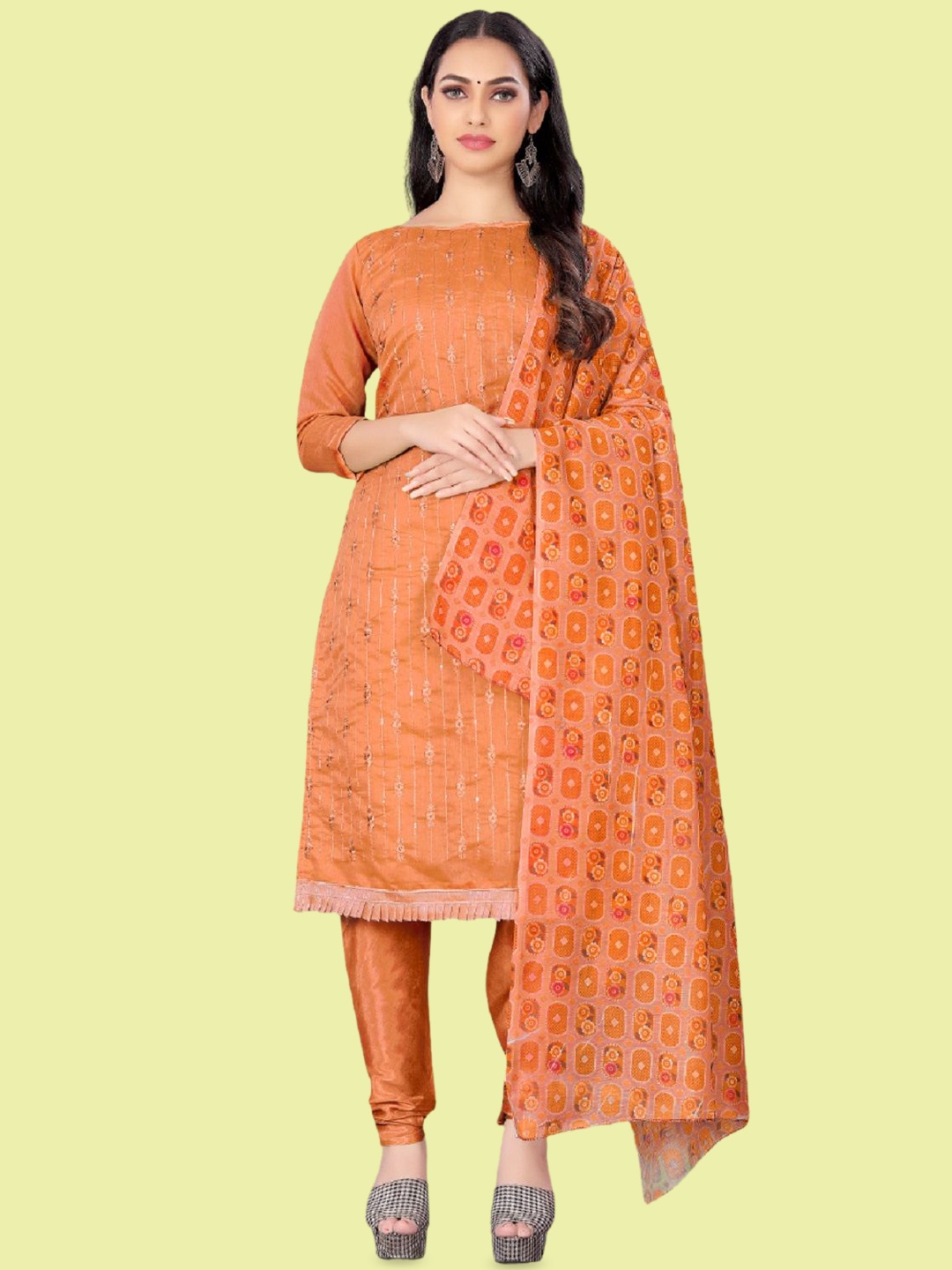 

APNISHA Floral Embroidered Sequinned Unstitched Dress Material, Orange