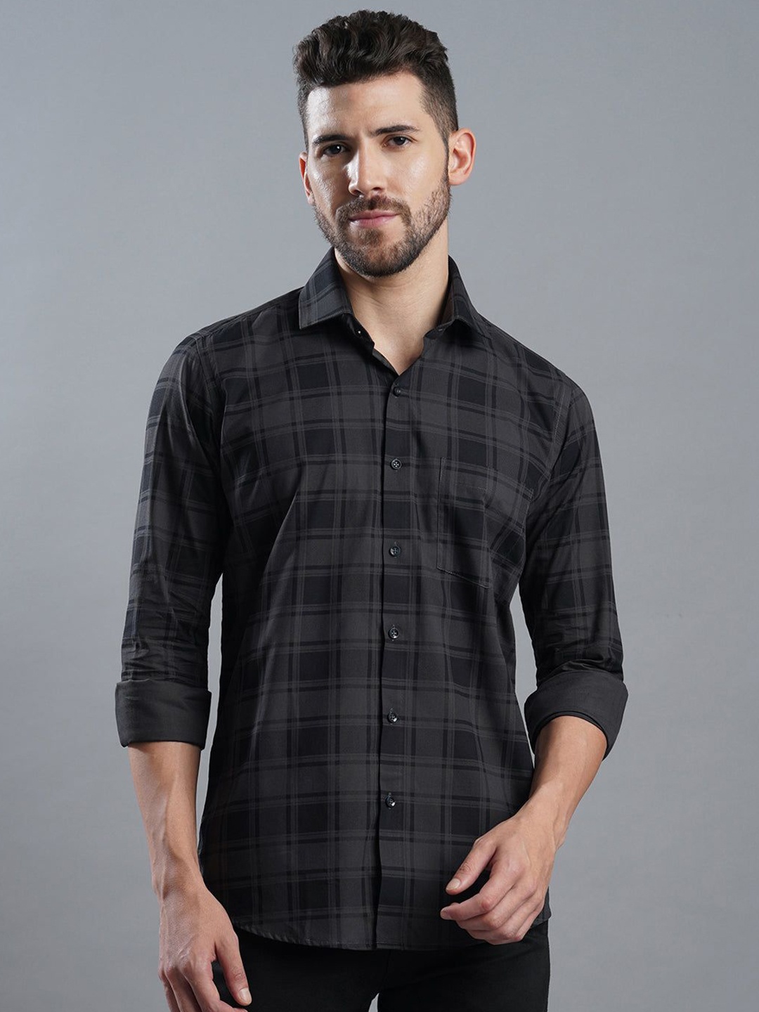 

John Philips Men India Slim Spread Collar Buffalo Checked Cotton Casual Shirt, Black