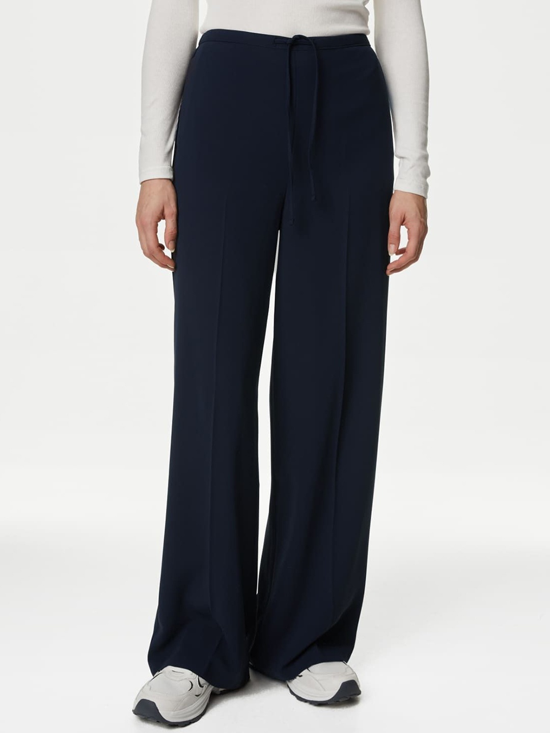 

Marks & Spencer Women Solid Flared High-Rise Trousers, Navy blue