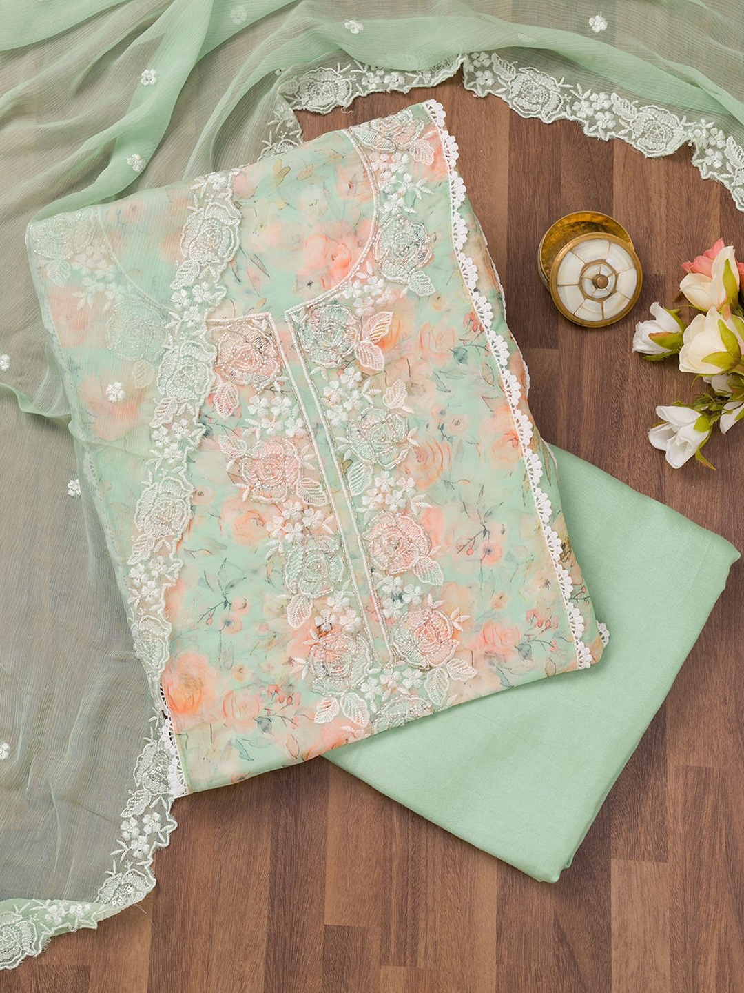 

Koskii Floral Printed Unstitched Dress Material, Sea green