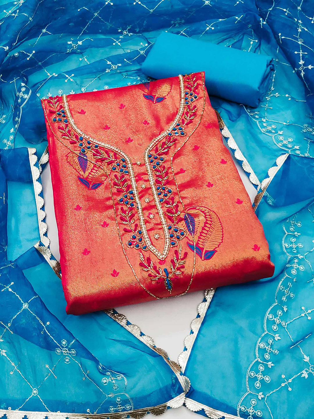 

Peachmode Ethnic Motifs Woven Design Beads and Stones Unstitched Dress Material, Pink