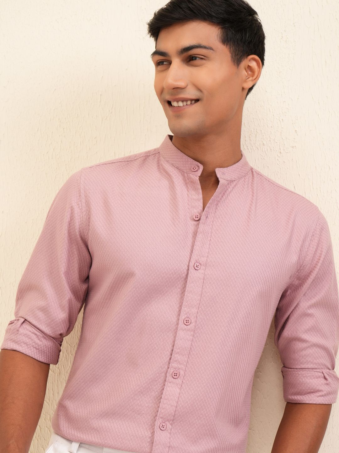 

LOCOMOTIVE Premium Men Dobby Textured Solid Mandarin Collar Casual Shirt, Pink