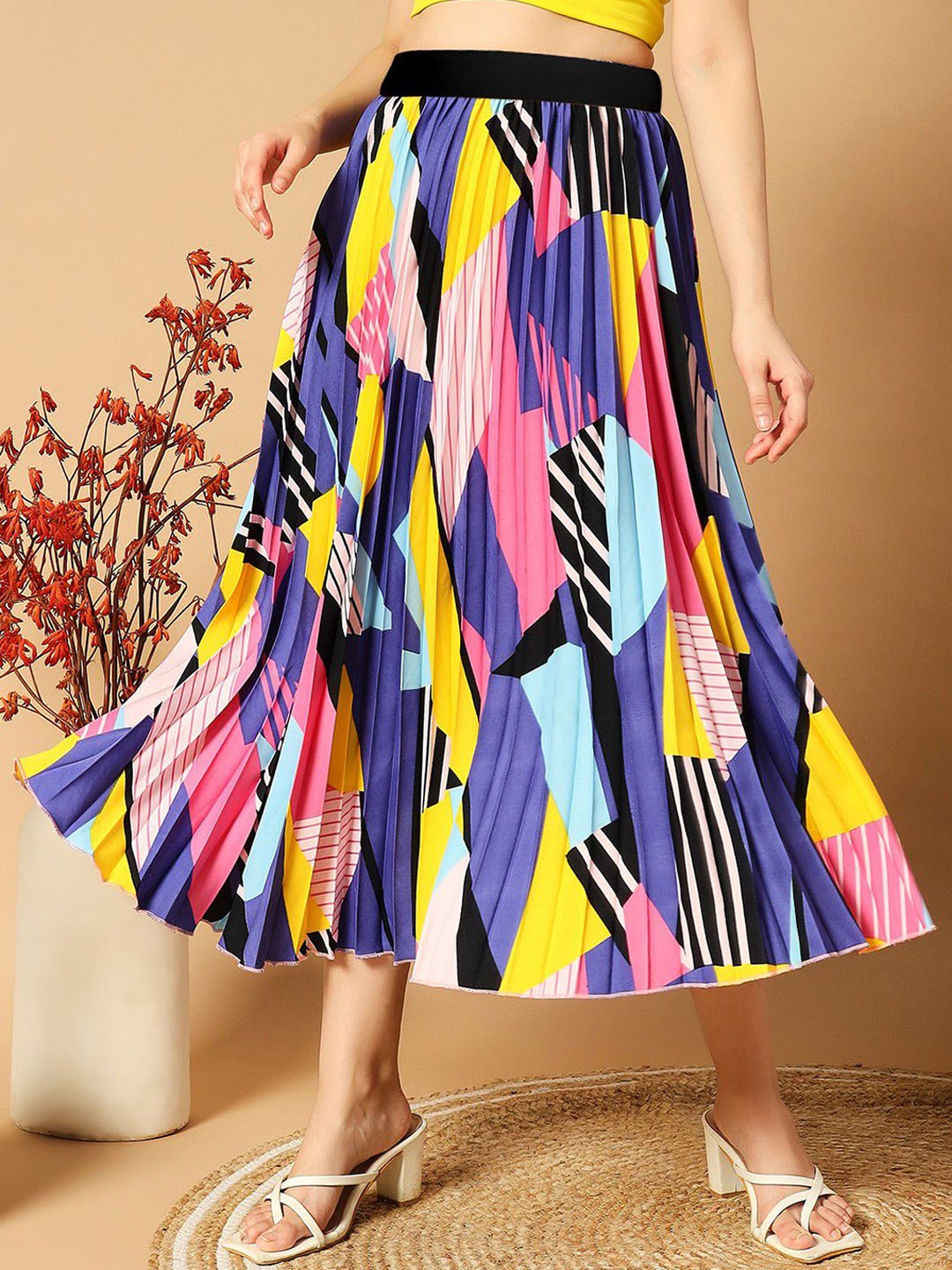 

Femvy Designer Printed Pleated Midi Skirt, Blue