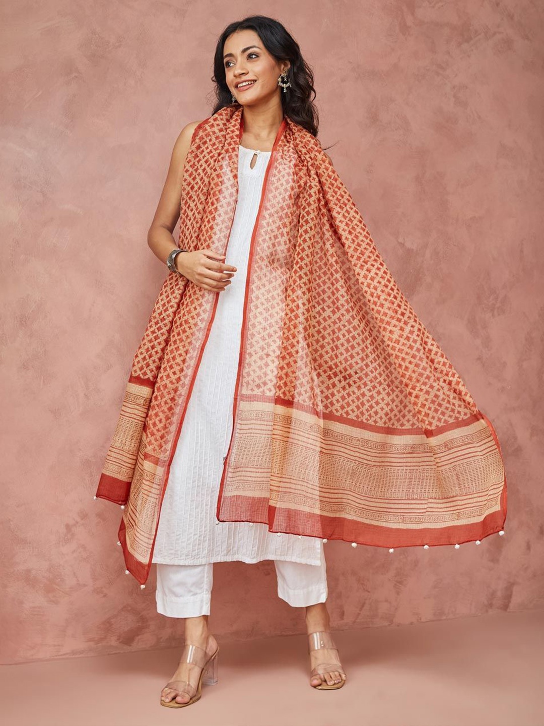 

Fabindia Printed Cotton Silk Dupatta, Red
