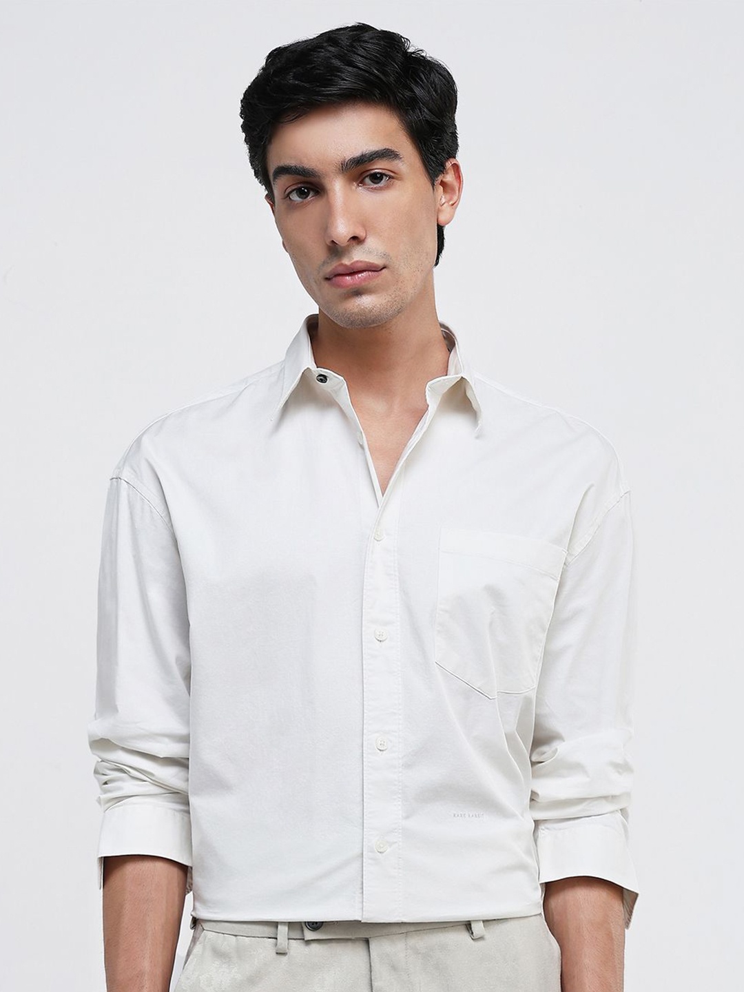 

RARE RABBIT Men Comfort Spread Collar Solid Cotton Casual Shirt, Off white