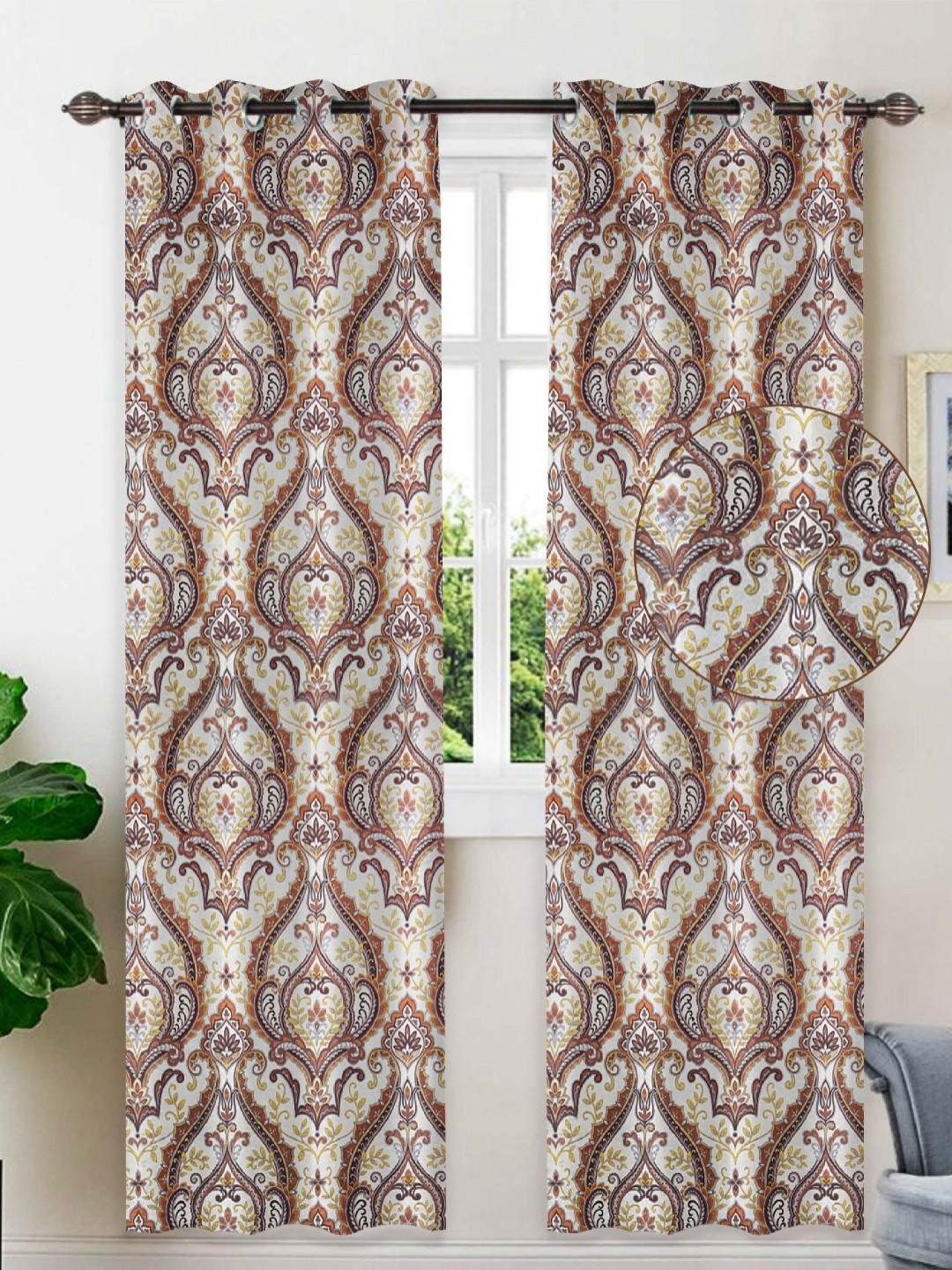 

Tesmare Off White & Brown Ethnic Motifs Velvet Room Darkening Window Curtain