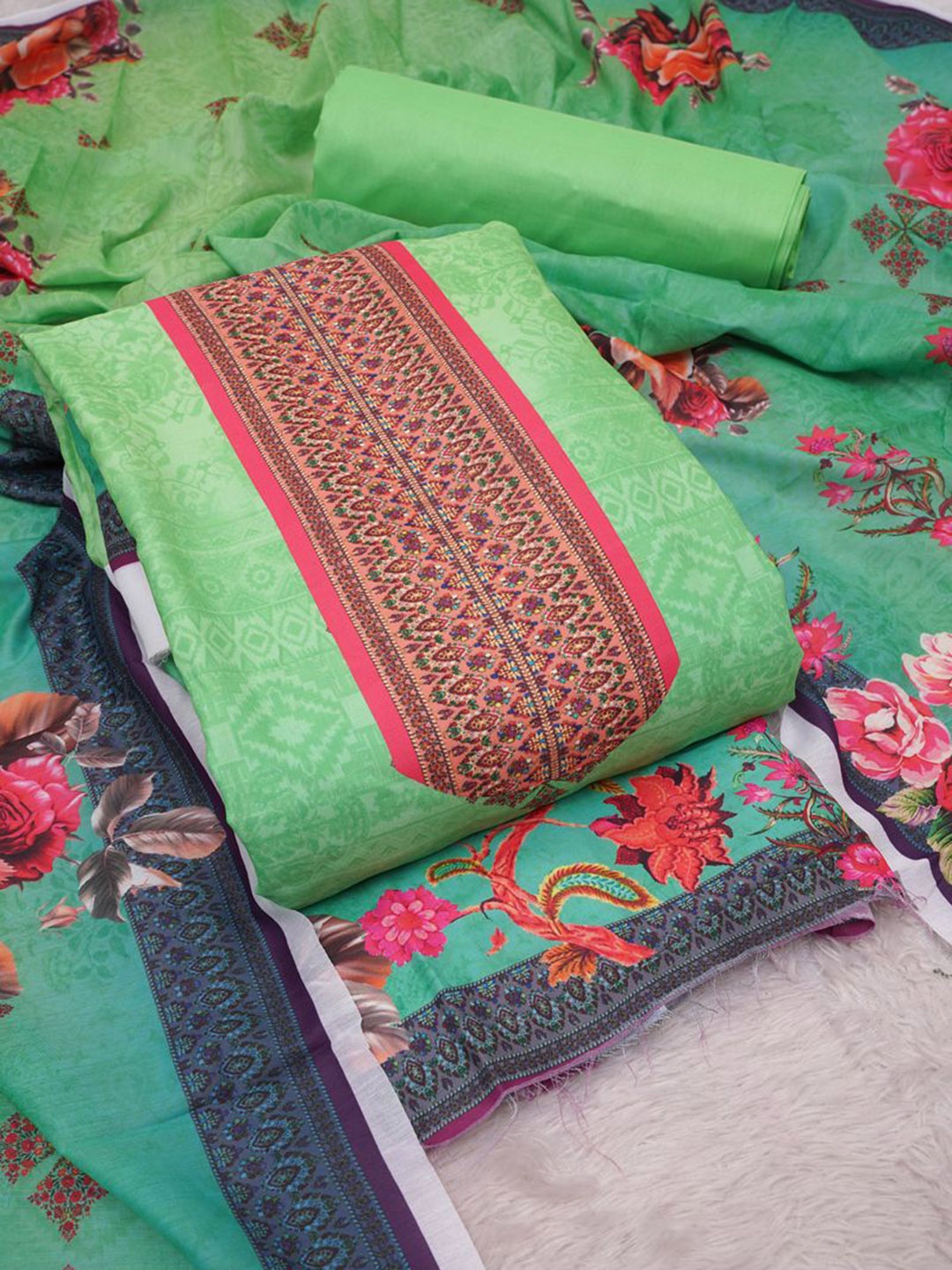 

ASISA Aaliya 202 Ethnic Motifs Printed Cotton Silk Unstitched Dress Material, Green