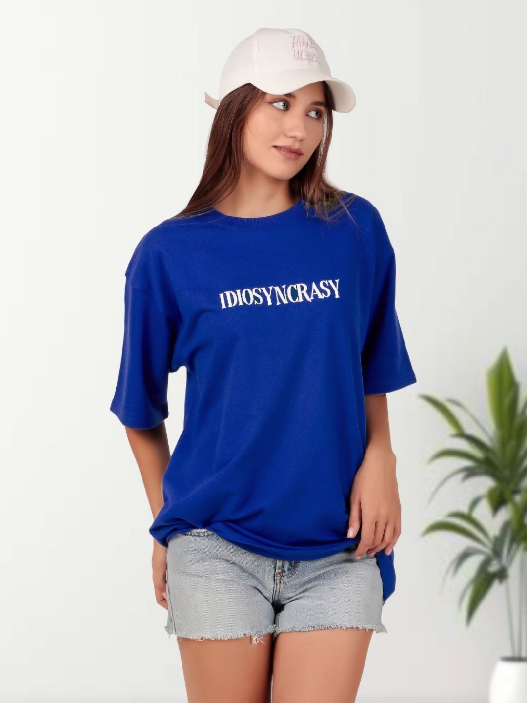 

Untamed Clothing Women Typography Printed Round Neck Cotton Oversized T-Shirt, Blue