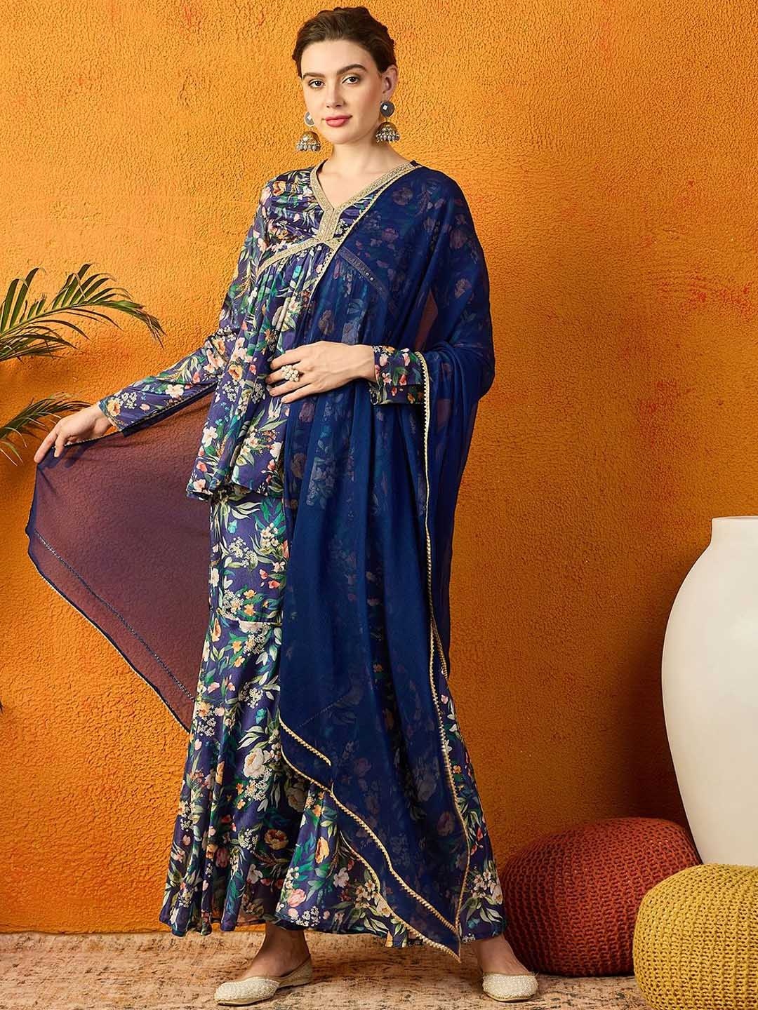 

PANIT Floral Printed Gotta Patti Chanderi Silk Anarkali Kurti & Sharara With Dupatta, Navy blue