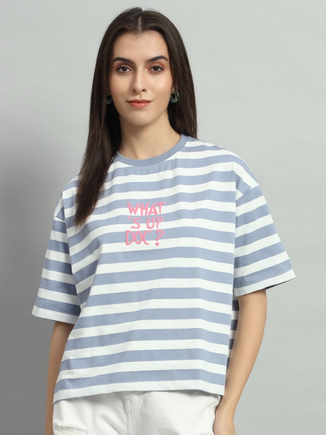 

AECK Women Striped Henley Neck Drop-Shoulder Sleeves Pockets T-shirt, Multi