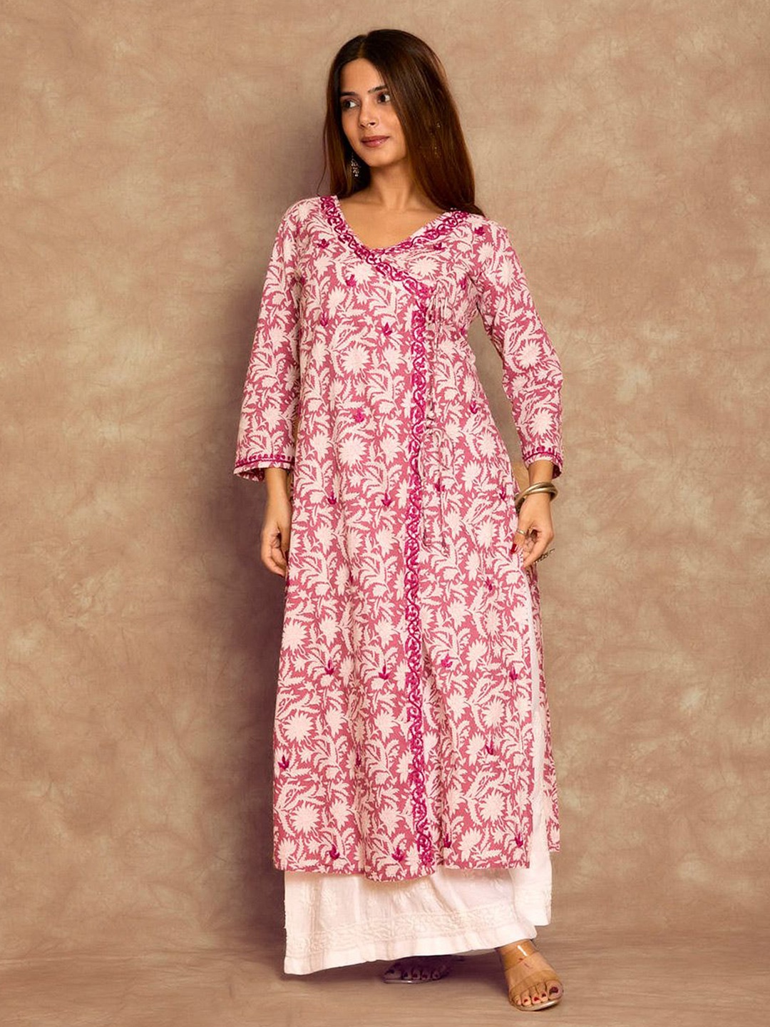 

House of Chikankari Floral Printed Thread Work Cotton Angrakha Kurta, Pink