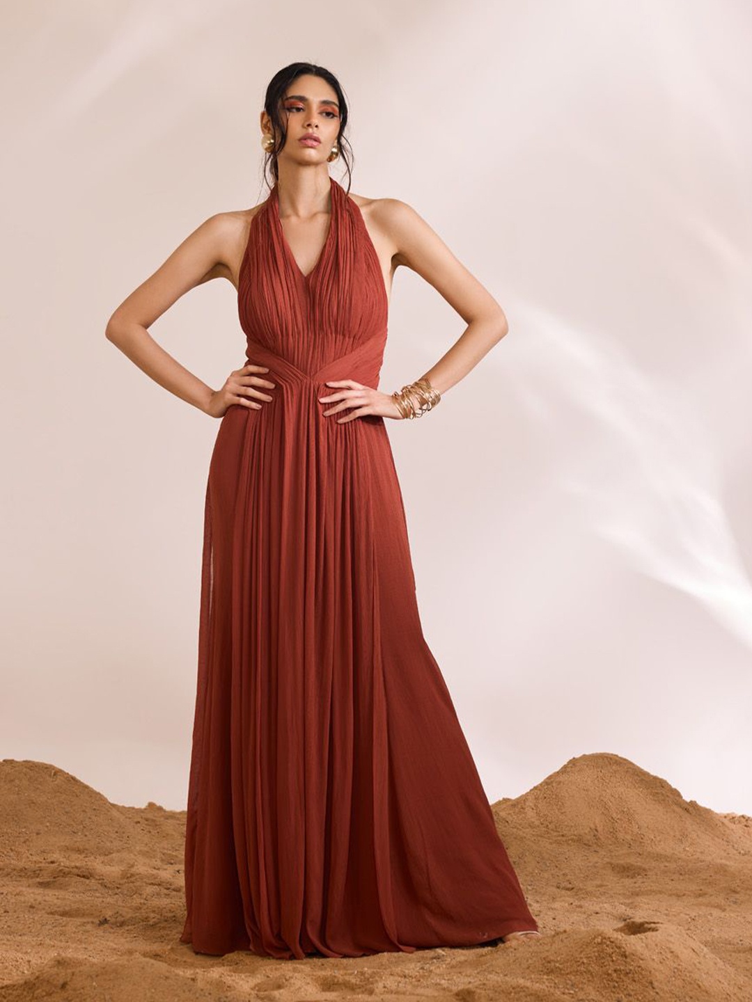 

DIVYA AGGARWAL Halter Neck Georgette Geathered Maxi Dress, Rust