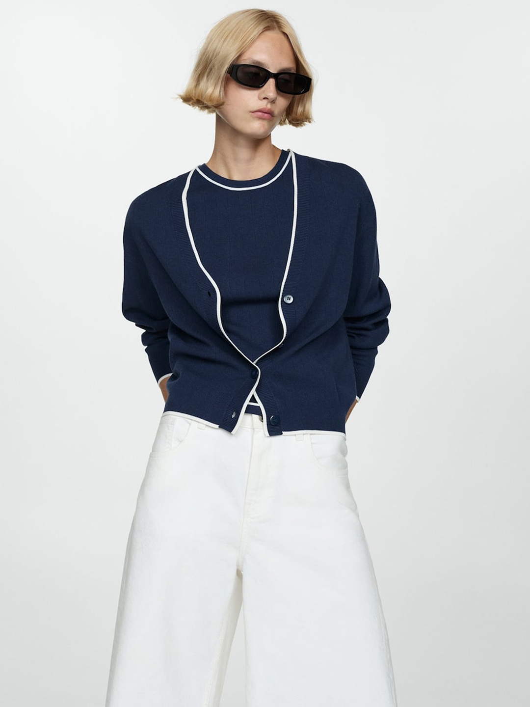 

MANGO Cardigan with Contrasting Trims, Navy blue