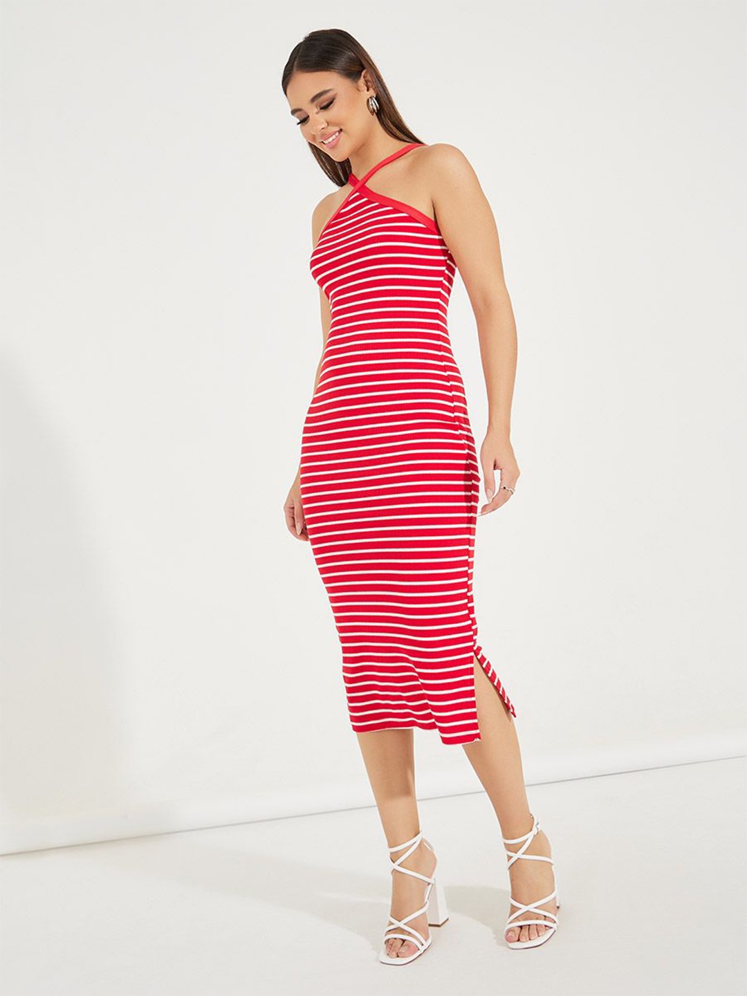 

Styli Women Striped Halter Neck Bodycon Midi Dress, Red