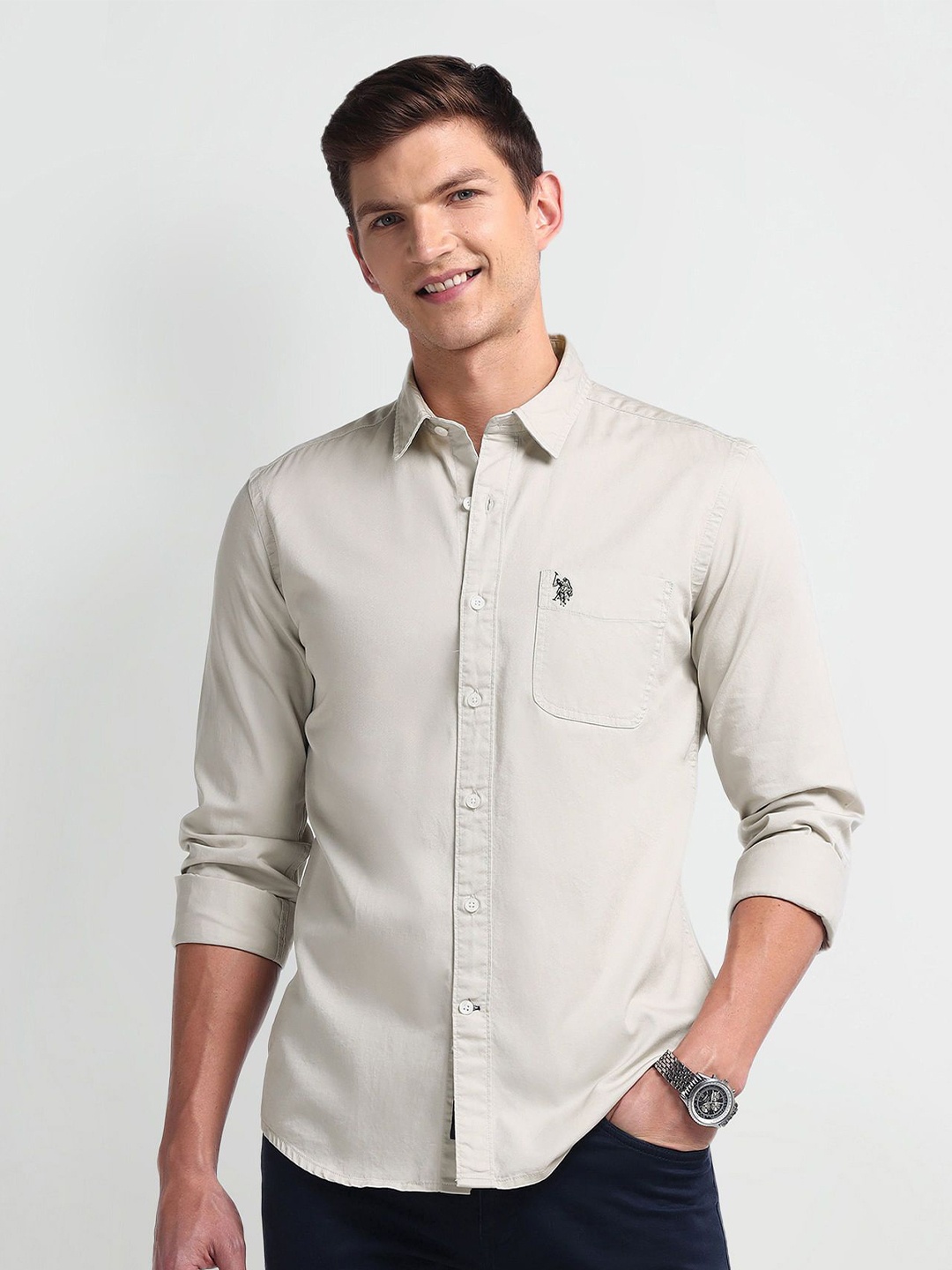 

U.S. Polo Assn. Denim Co. Men Comfort Cutaway Collar Solid Cotton Slim Fit Casual Shirt, White