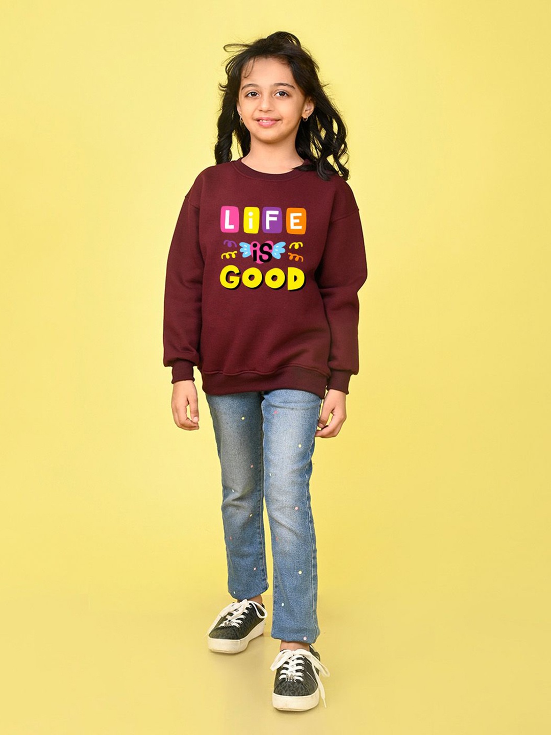 

NUSYL Girls Typography Printed Oversized Sweatshirt, Maroon