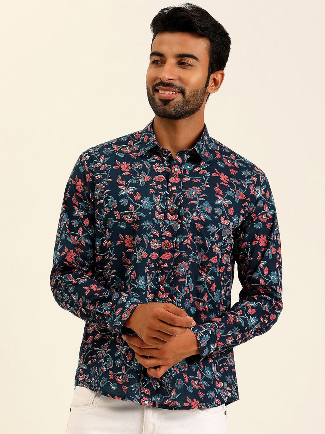 

SPS Men Relaxed Spread Collar Floral Printed Cotton Casual Shirt, Blue