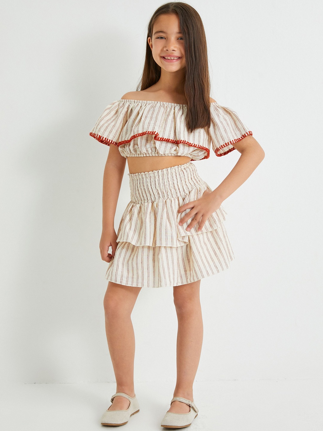 

Koton Girls Striped Tiered Mini Skirts, Beige