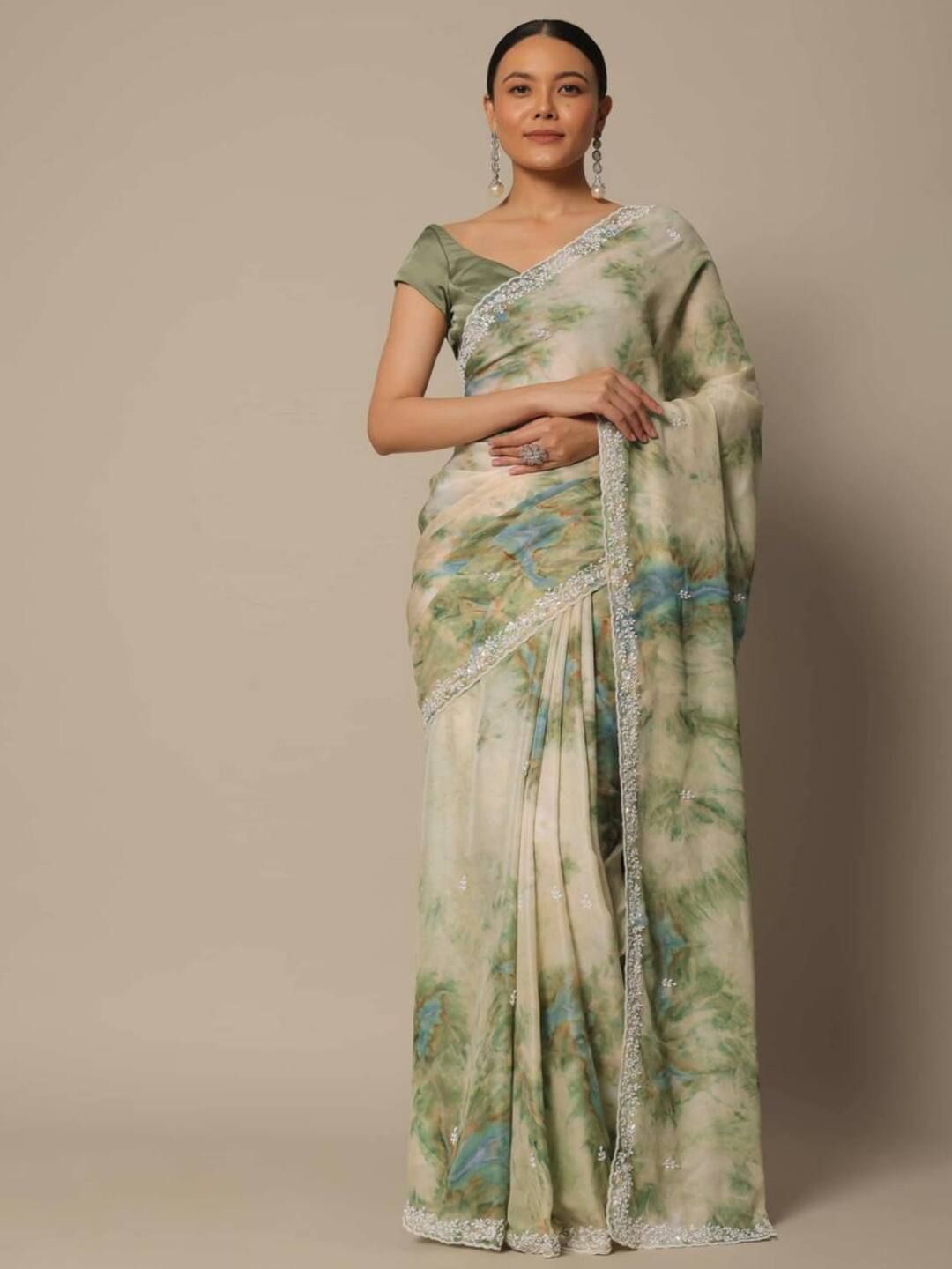 

Sanwariya Silk Sequinned Pure Georgette Mysore Silk Saree, Green