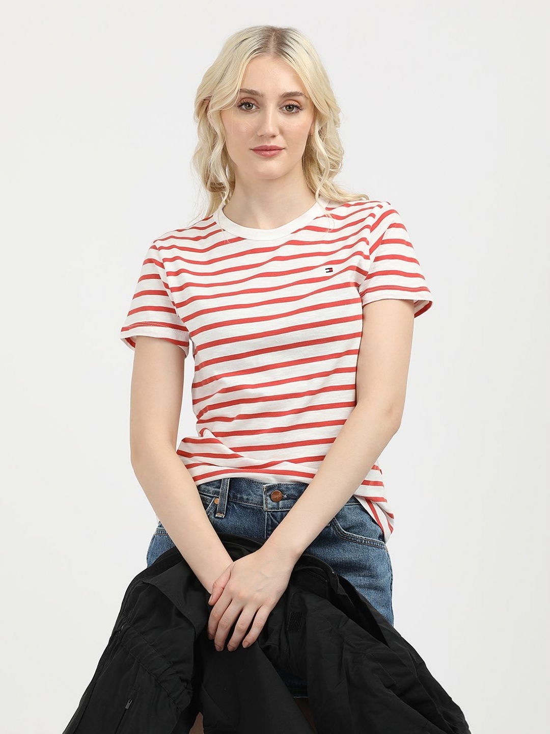 

Tommy Hilfiger Women Striped Round Neck Cotton Slim Fit T-Shirt, White