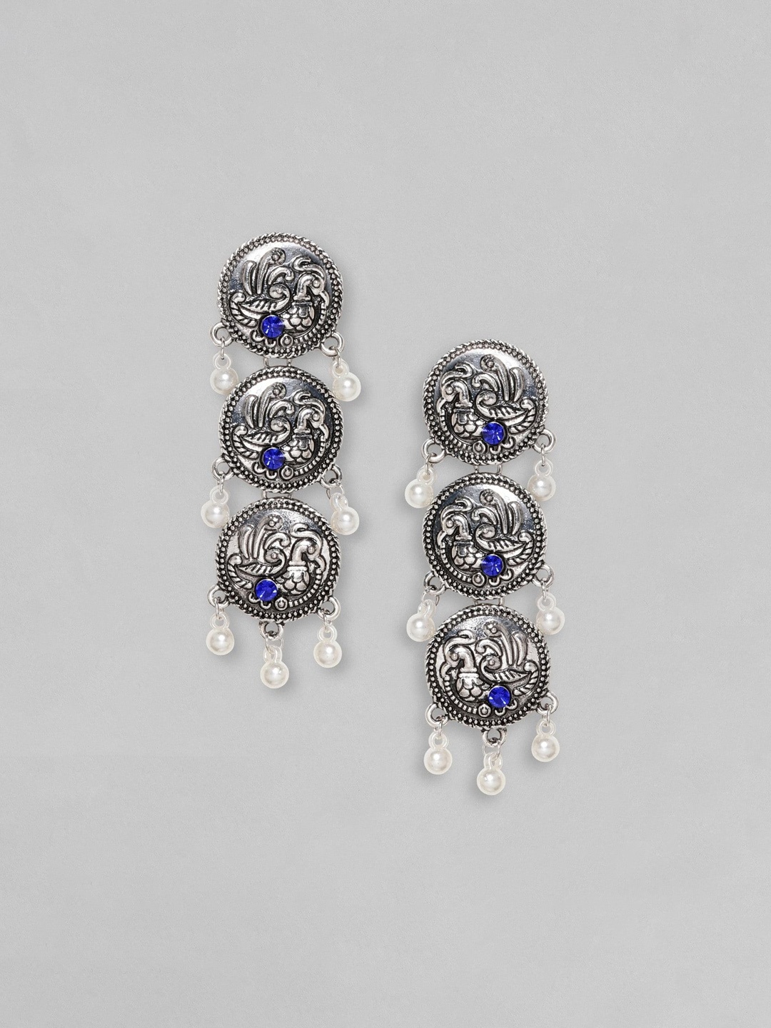 

Rubans Oxidized Silver-Plated Circular Motif Earrings with Blue Stones and Pearl Beads