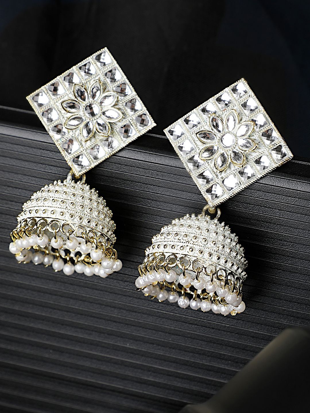 

MODE MANIA Gold-Plated Cubic Zirconia Studded & Beaded Dome Shaped Jhumkas