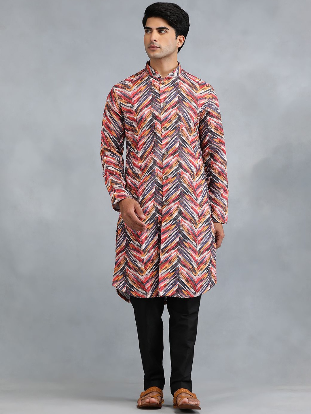 

THE KURTA COMPANY Geometric Printed Mandarin Collar Straight Kurta, Pink