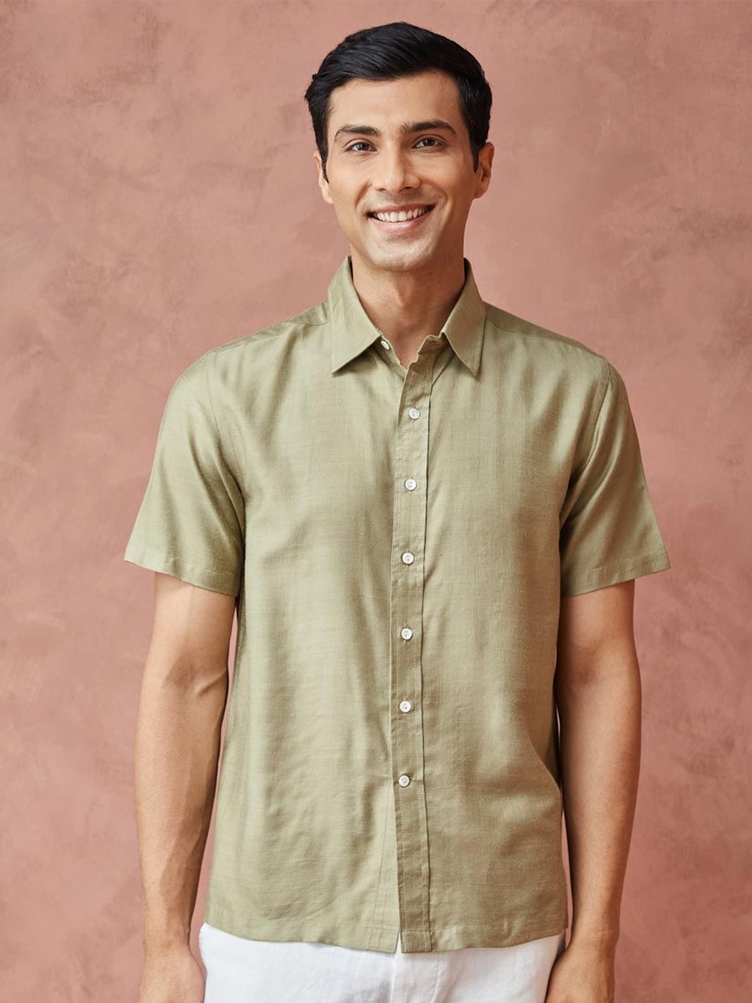 

Fabindia Men Spread Collar Solid Casual Shirt, Olive