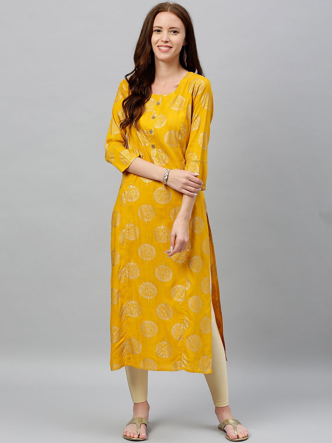 

CHIRAAI Geometric Printed Round Neck Straight Kurta, Mustard
