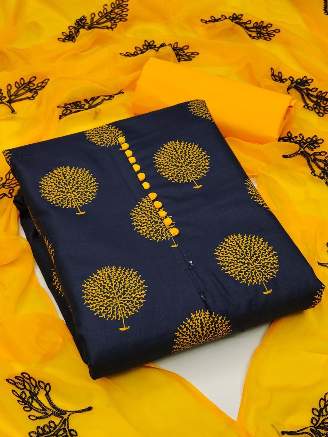 

APNISHA Floral Printed Unstitched Dress Material, Navy blue