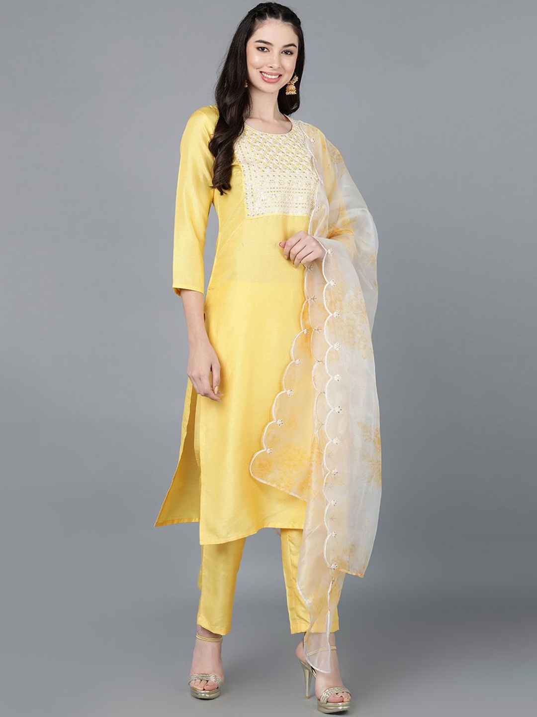 

KALINI Floral Yoke Design Sequinned Straight Kurta & Trousers With Dupatta, Yellow