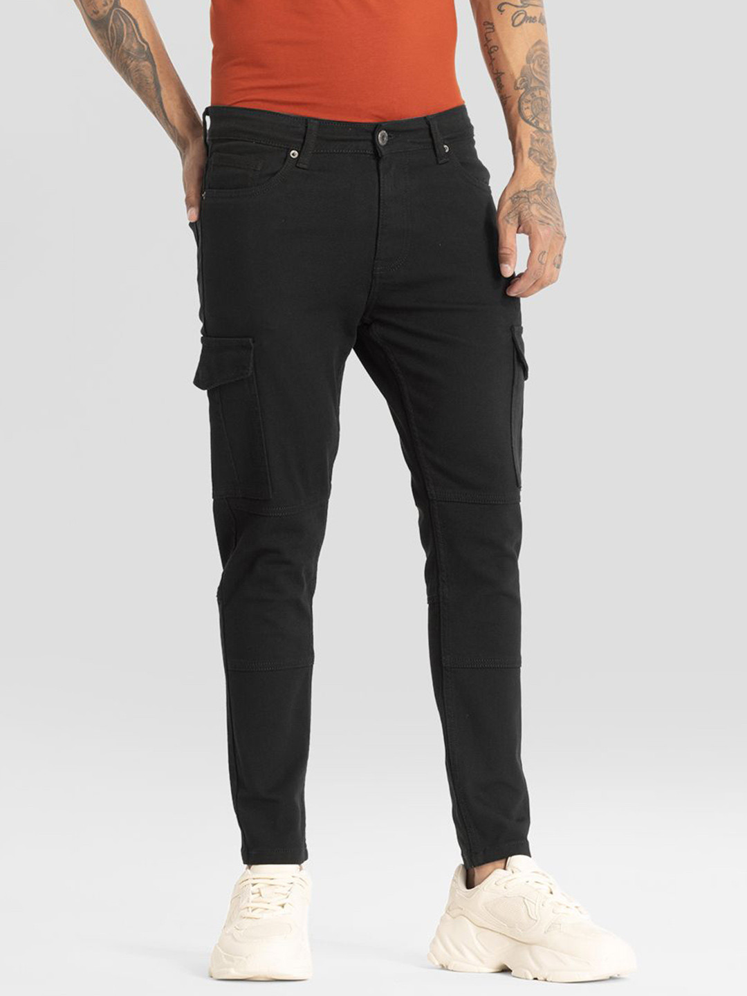 

Snitch Men Narrow Skinny Fit Stretchable Cargo Jeans, Black