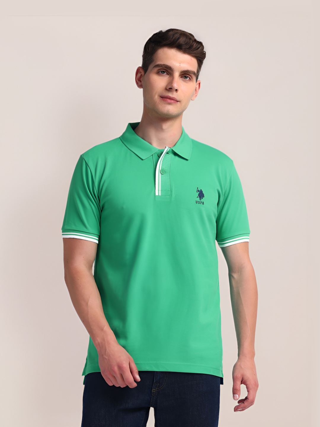 

U.S. Polo Assn. Men Solid Polo Collar Cotton Slim Fit T-Shirt, Green