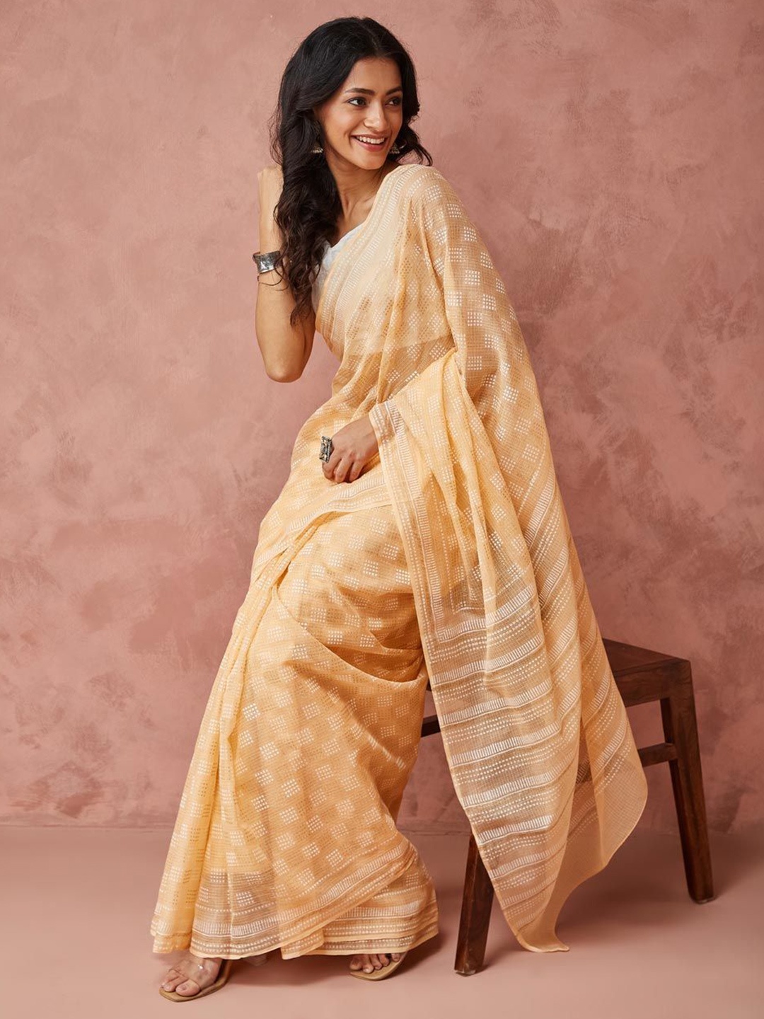 

Fabindia Geometric Block Print Saree, Orange