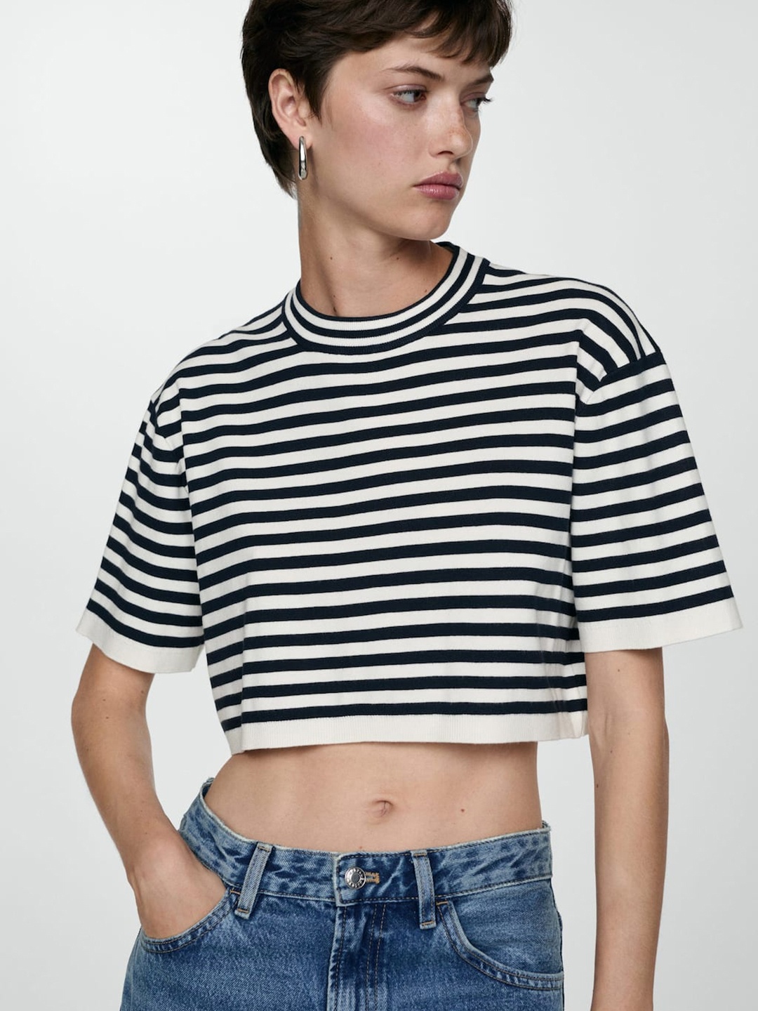 

MANGO Women Striped Knitted Boxy T-shirt, Navy blue