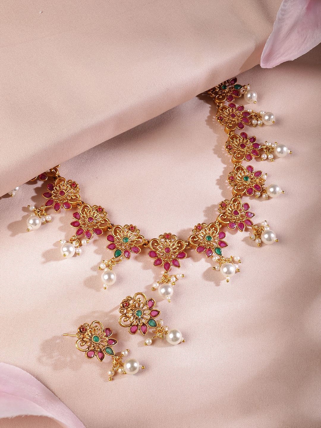 

Rubans 22K Gold-Plated Emerald & Ruby Pink Studded Floral Jewellery Set with Pearl Drops