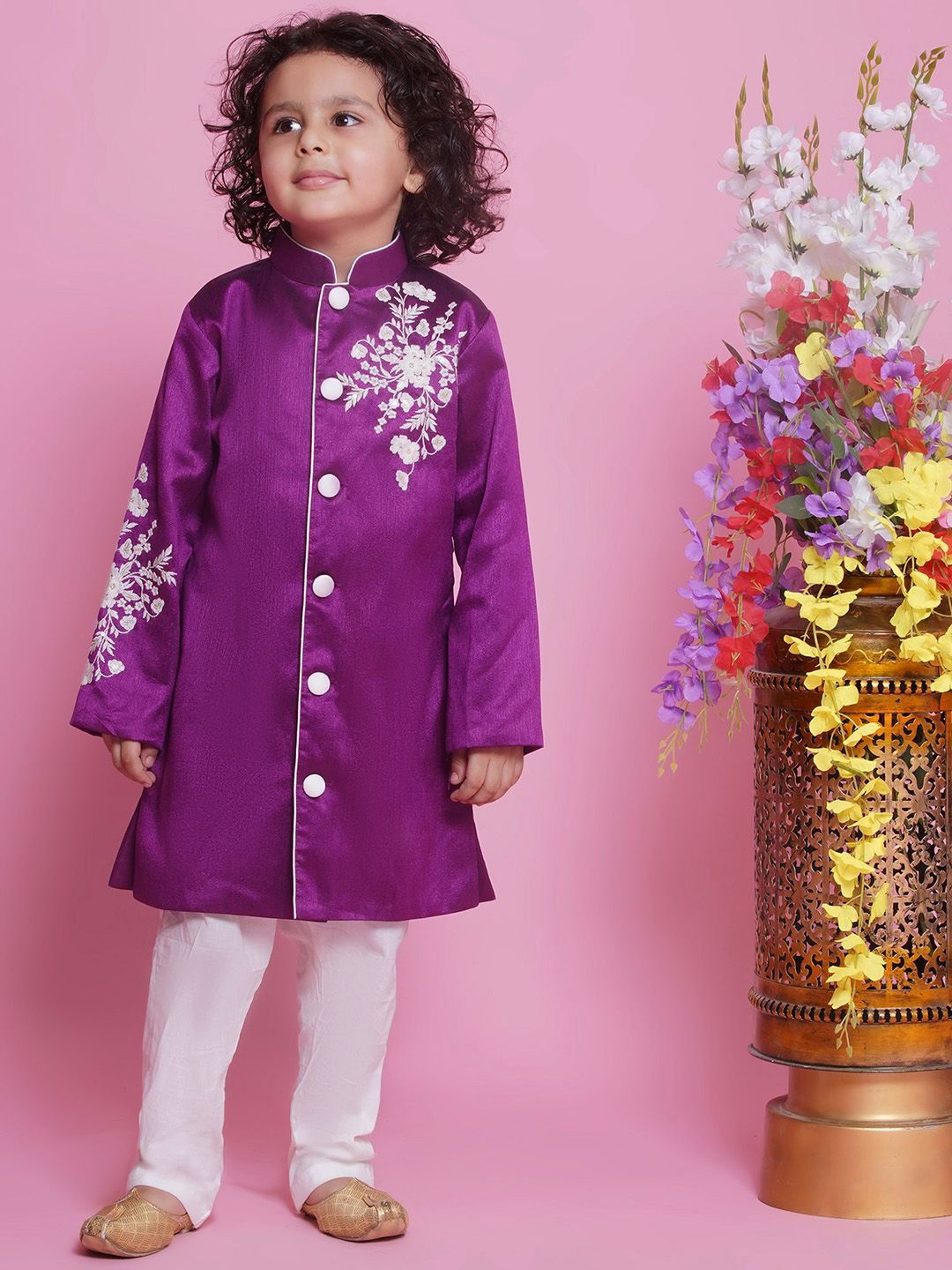 

Little Bansi Boys Embroidered Full Sleeves Sherwani and Pyjama, Purple