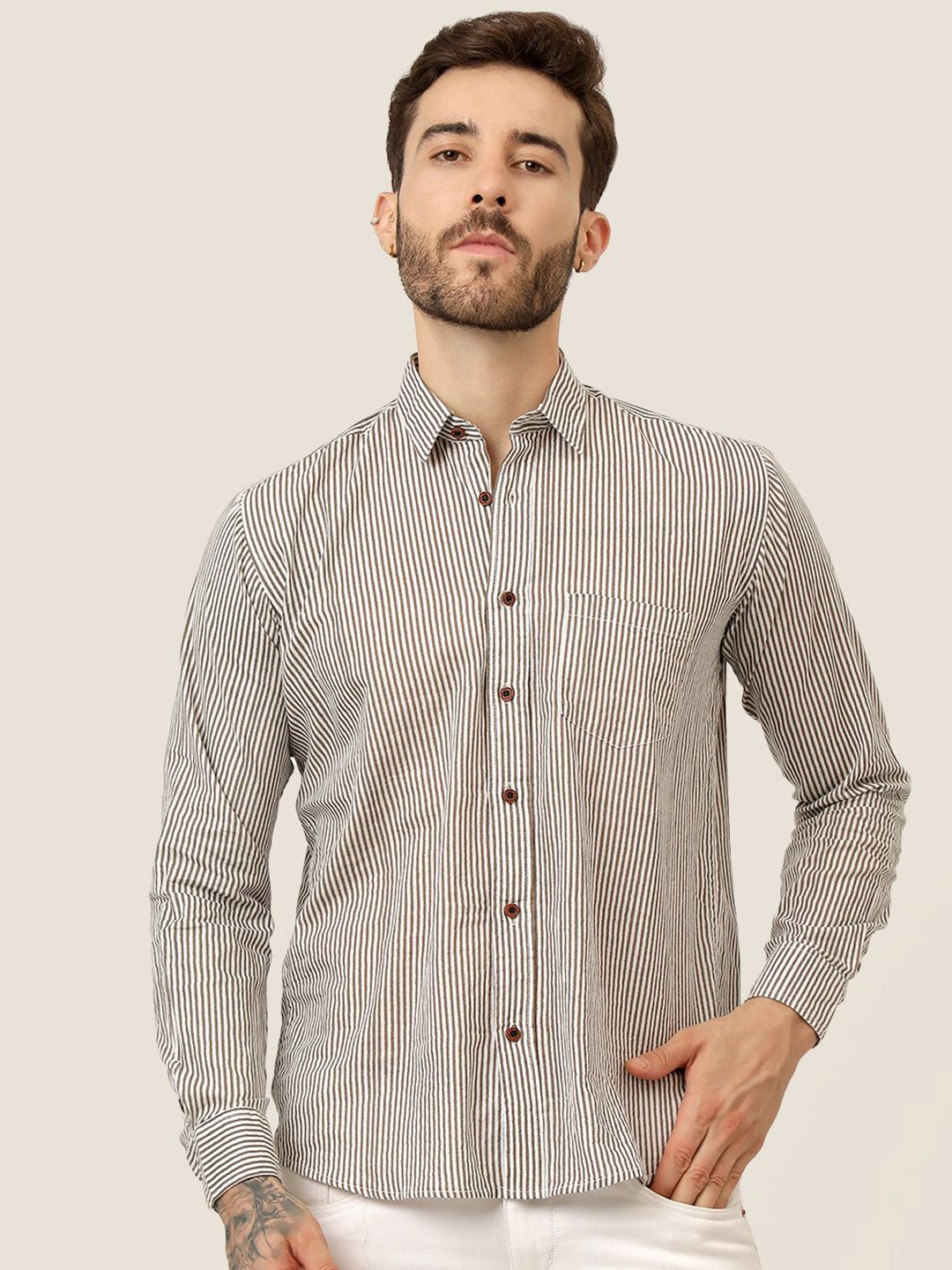 

SPS Men Relaxed Spread Collar Striped Cotton Casual Shirt, Grey