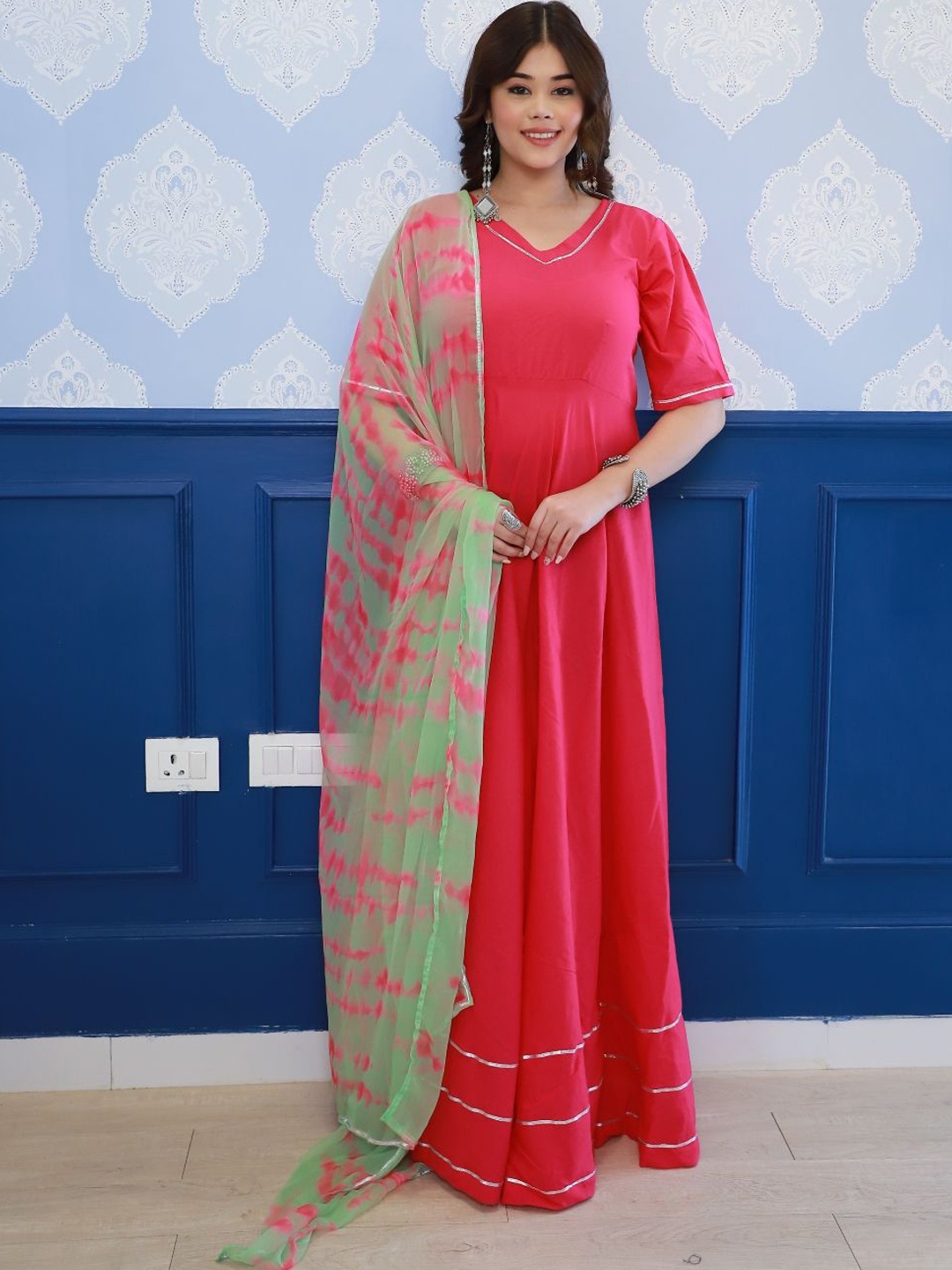 

Swadeshi Shringaar Ethnic Maxi Dress With Dupatta, Fuchsia