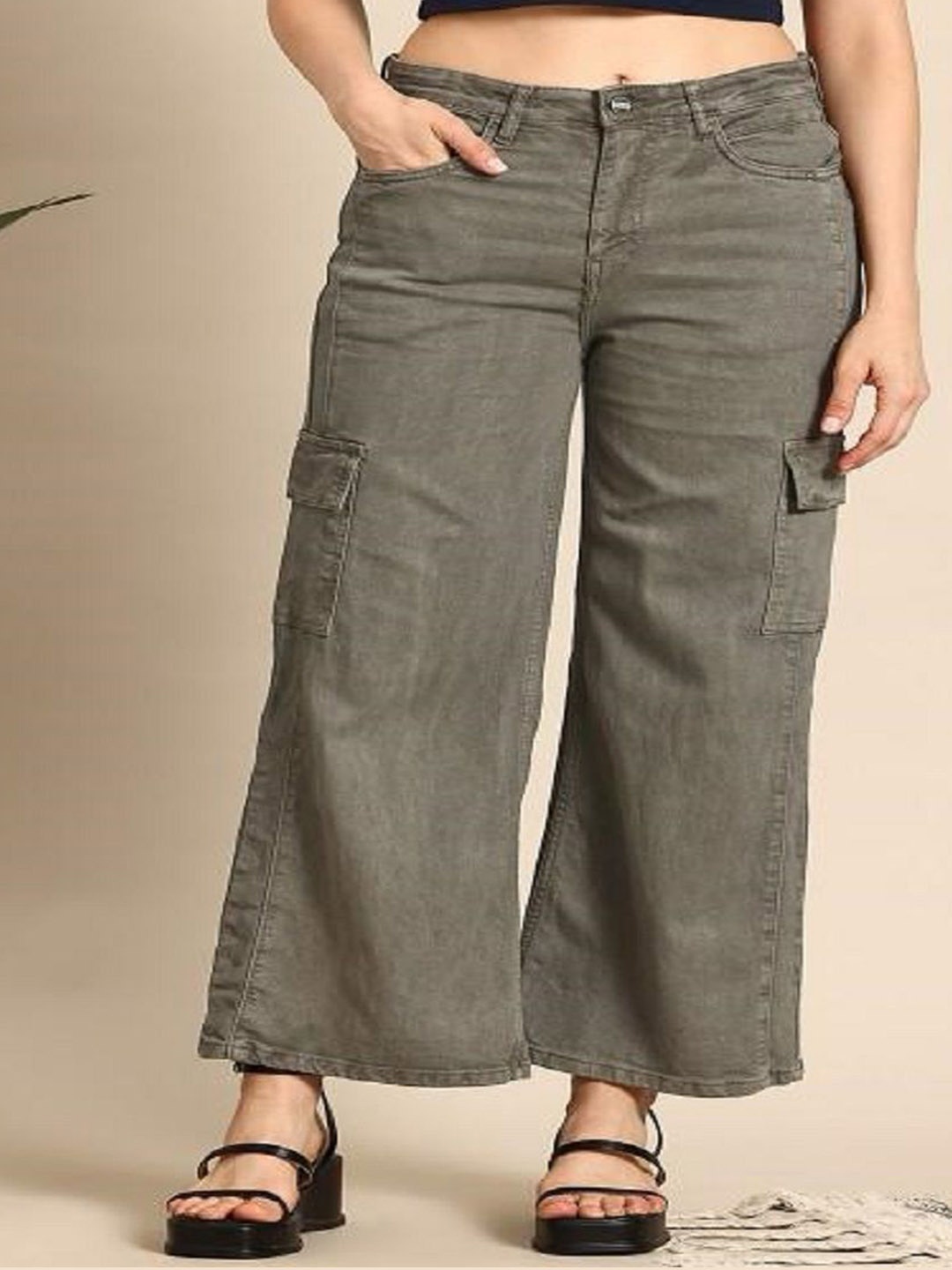 

Perfect Outlet Women Wide Leg High-Rise Cargo Jeans, Olive
