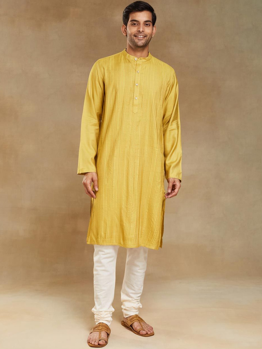 

Fabindia Striped Band Collar Straight Kurta, Yellow