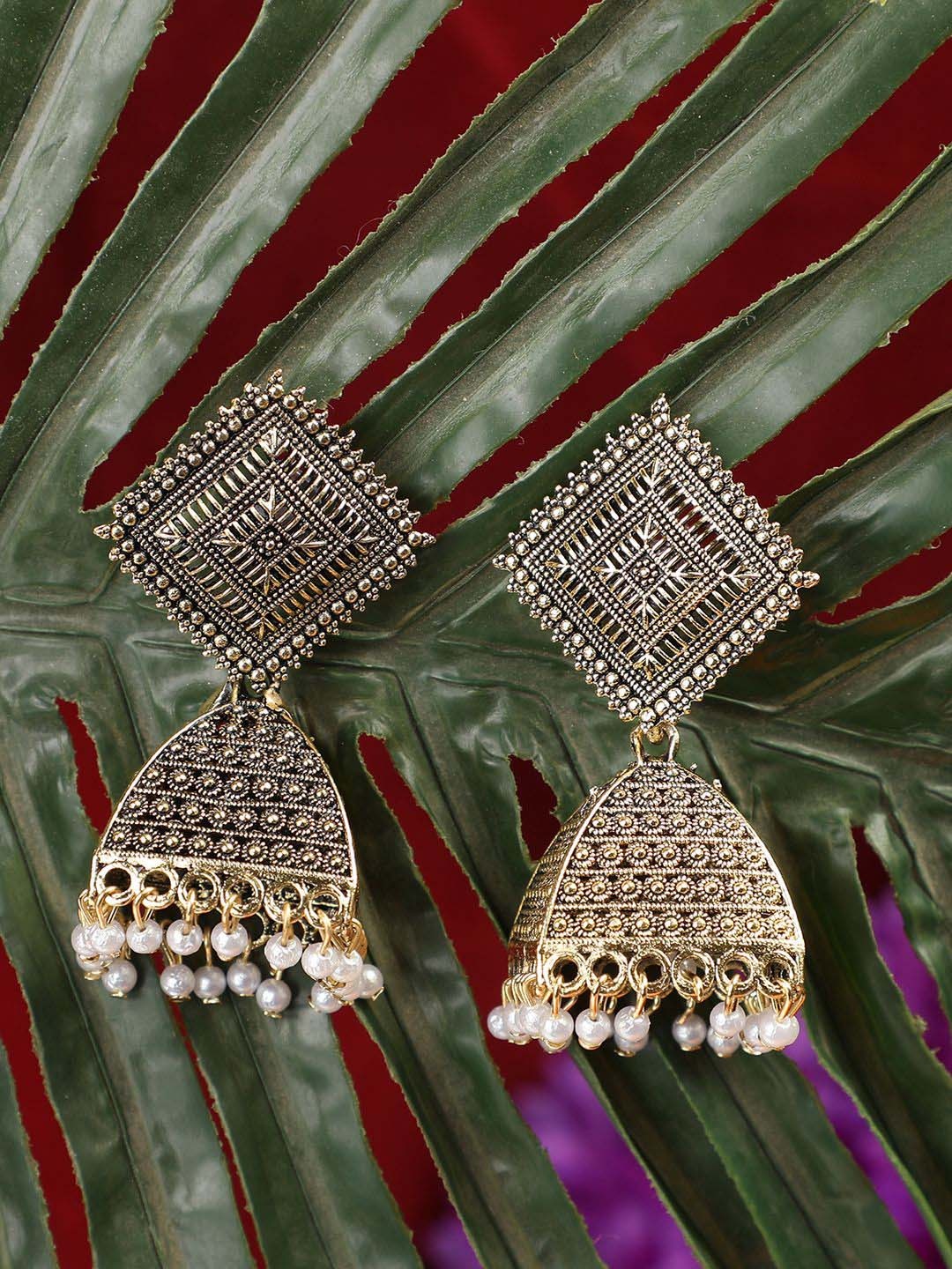 

MODE MANIA Gold Plated Dome Shaped Artificial Beads Studded Jhumkas