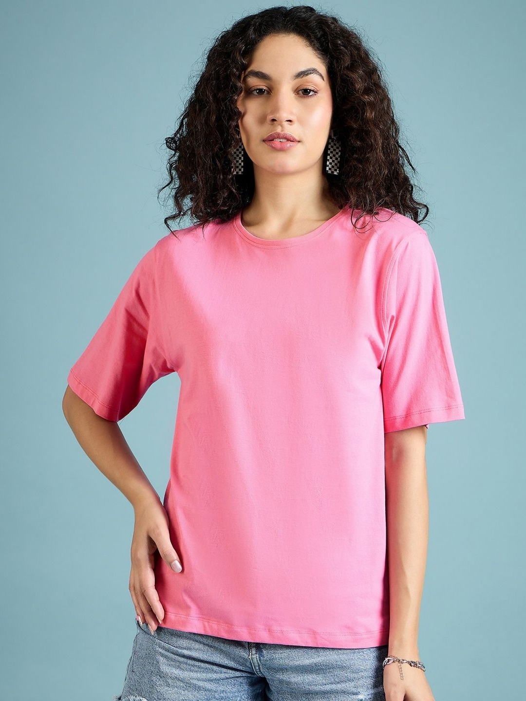

DressBerry Women Solid Round Neck Cotton Oversized T-Shirt, Pink