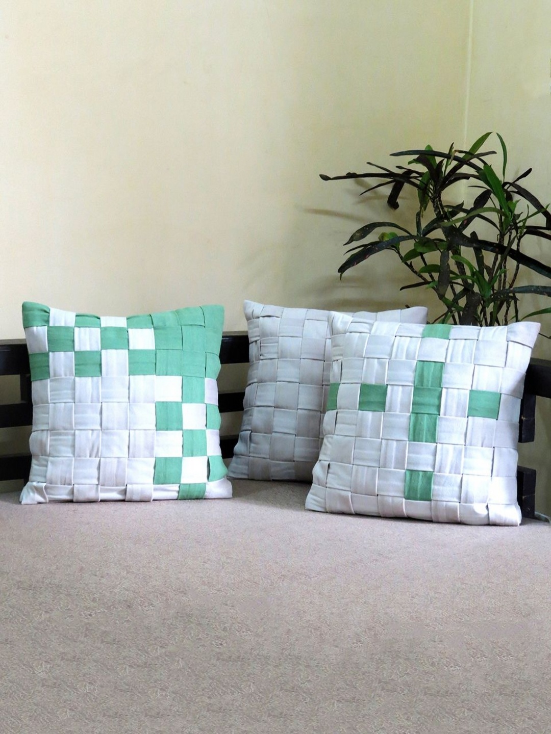 

Mid July Home Off White & Green 3 Pieces Checked Velvet Square Cushion Covers