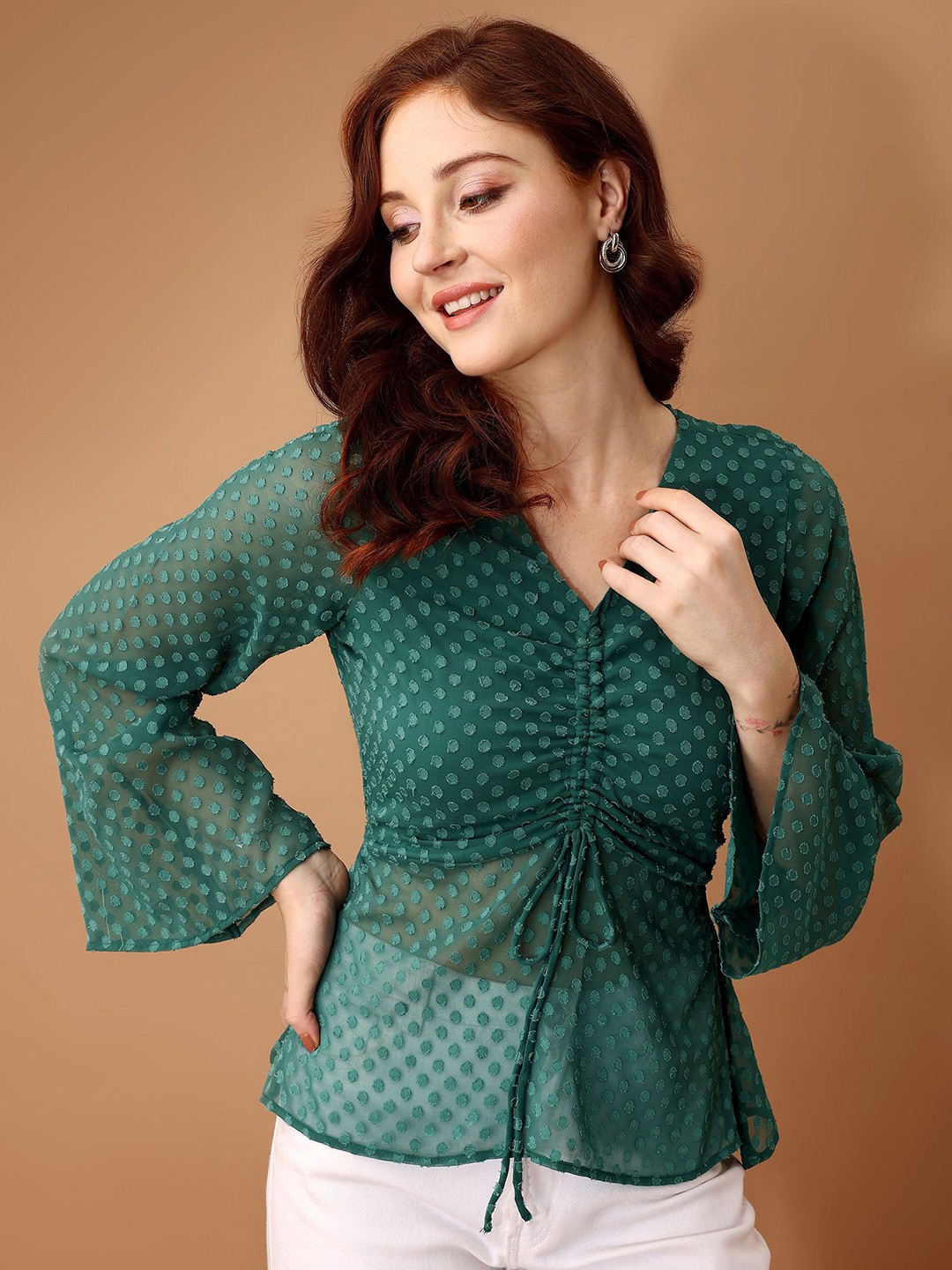 

Murcia Polka Dot Bell Sleeve Georgette Top, Green