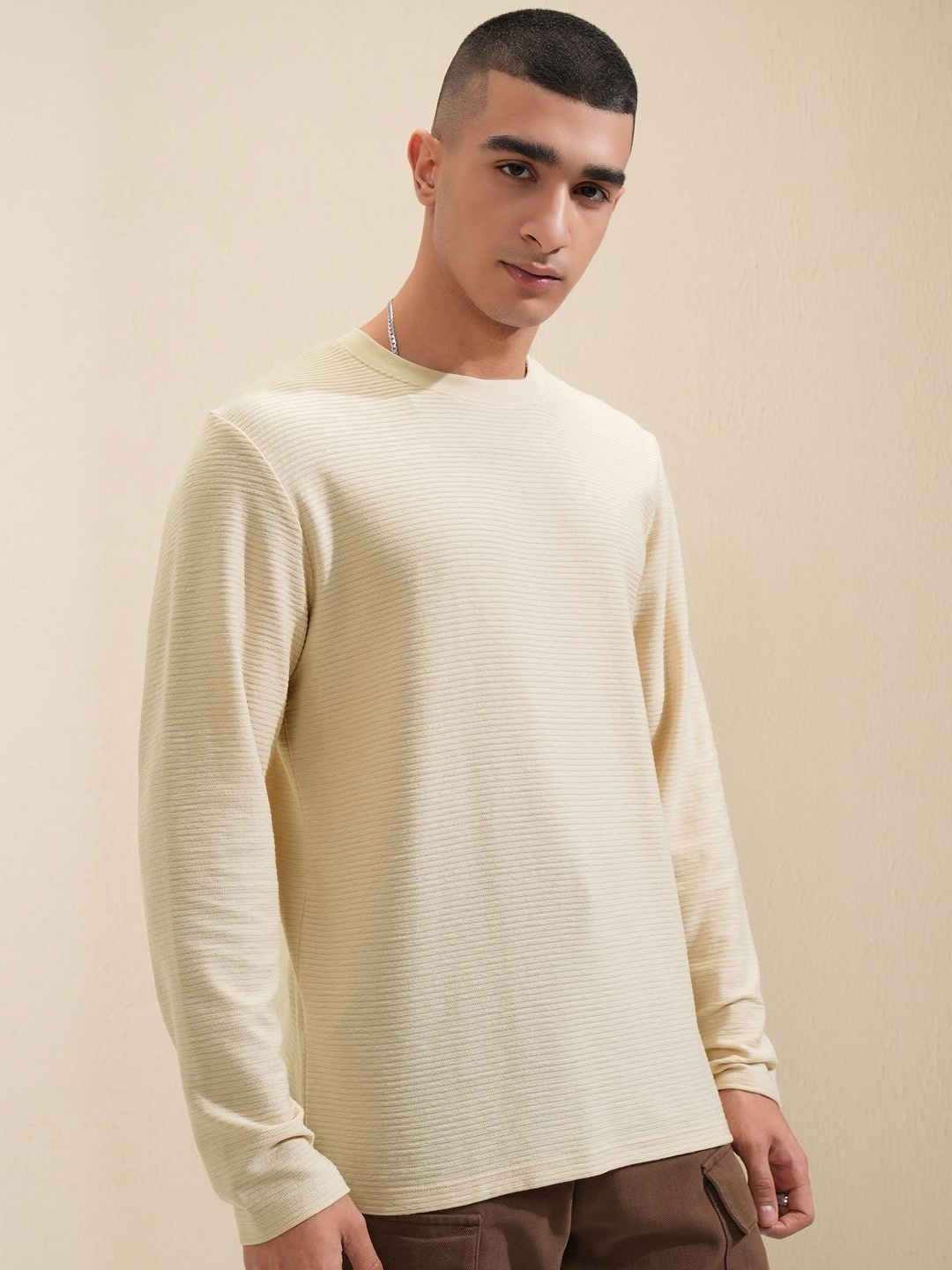 

HIGHLANDER Men Solid Round Neck Cotton Relaxed Fit T-Shirt, Cream